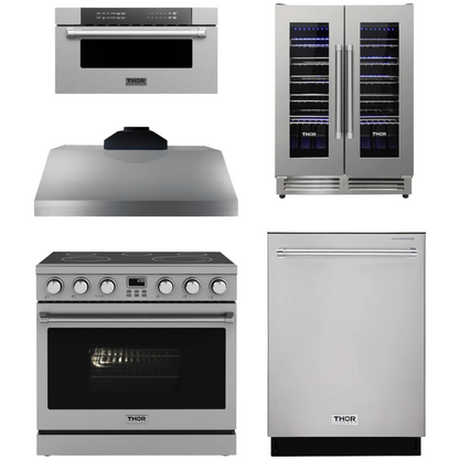 THOR Contemporary Package - 36" Electric Range, Range Hood, Dishwasher, Microwave and Wine Cooler, AP-ARE36-C114