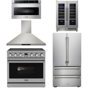 THOR Contemporary Package - 36" Electric Range, Range Hood, Refrigerator, Microwave and Wine Cooler, AP-ARE36-C115
