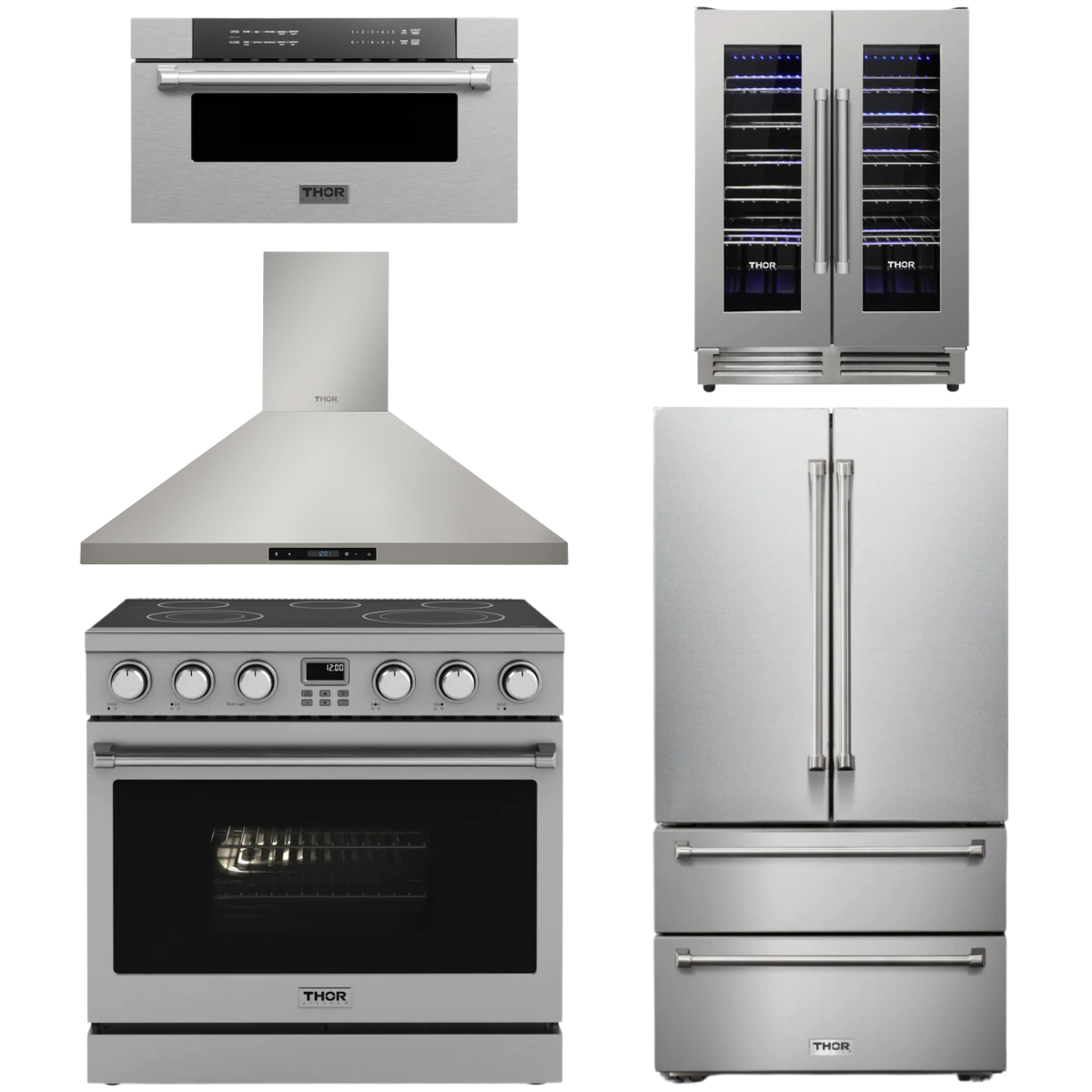 THOR Contemporary Package - 36" Electric Range, Range Hood, Refrigerator, Microwave and Wine Cooler, AP-ARE36-C116