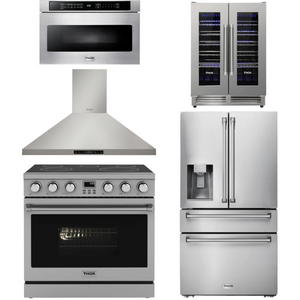 THOR Contemporary Package - 36" Electric Range, Range Hood, Refrigerator, Microwave and Wine Cooler, AP-ARE36-C117