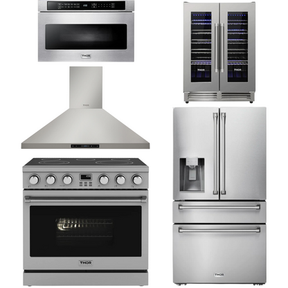 THOR Contemporary Package - 36" Electric Range, Range Hood, Refrigerator, Microwave and Wine Cooler, AP-ARE36-C117