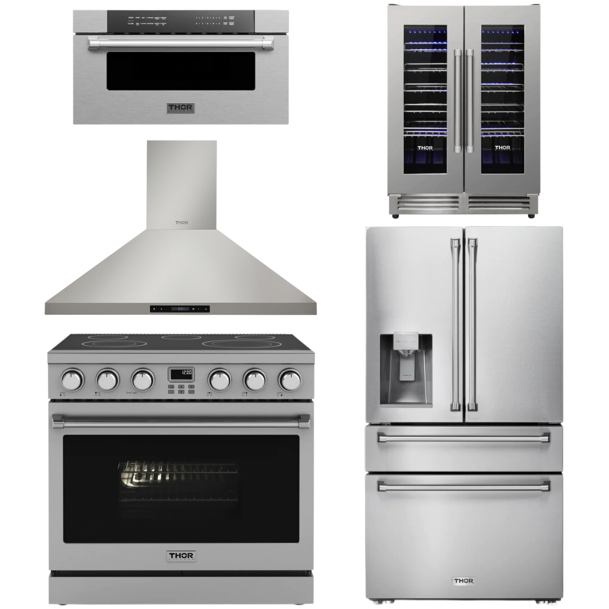 THOR Contemporary Package - 36" Electric Range, Range Hood, Refrigerator, Microwave and Wine Cooler, AP-ARE36-C118