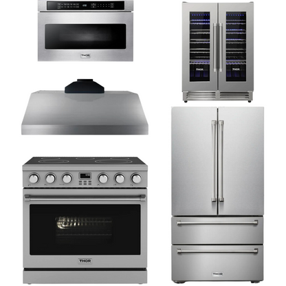 THOR Contemporary Package - 36" Electric Range, Range Hood, Refrigerator, Microwave and Wine Cooler, AP-ARE36-C119
