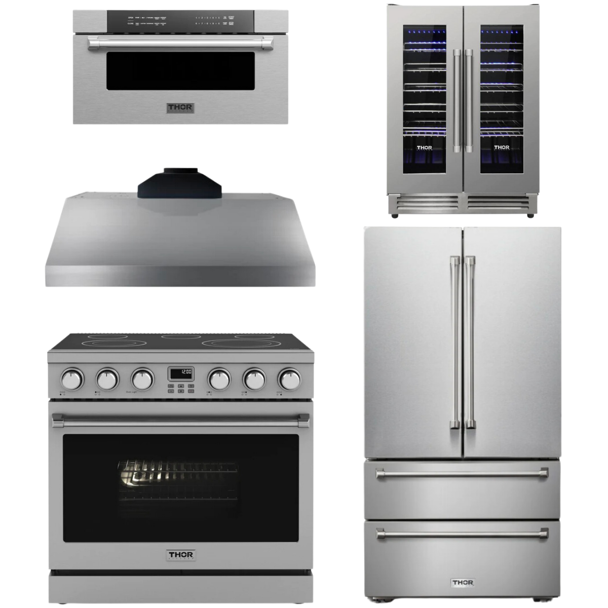 THOR Contemporary Package - 36" Electric Range, Range Hood, Refrigerator, Microwave and Wine Cooler, AP-ARE36-C120