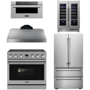 THOR Contemporary Package - 36" Electric Range, Range Hood, Refrigerator, Microwave and Wine Cooler, AP-ARE36-C120