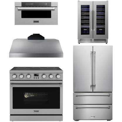 THOR Contemporary Package - 36" Electric Range, Range Hood, Refrigerator, Microwave and Wine Cooler, AP-ARE36-C120