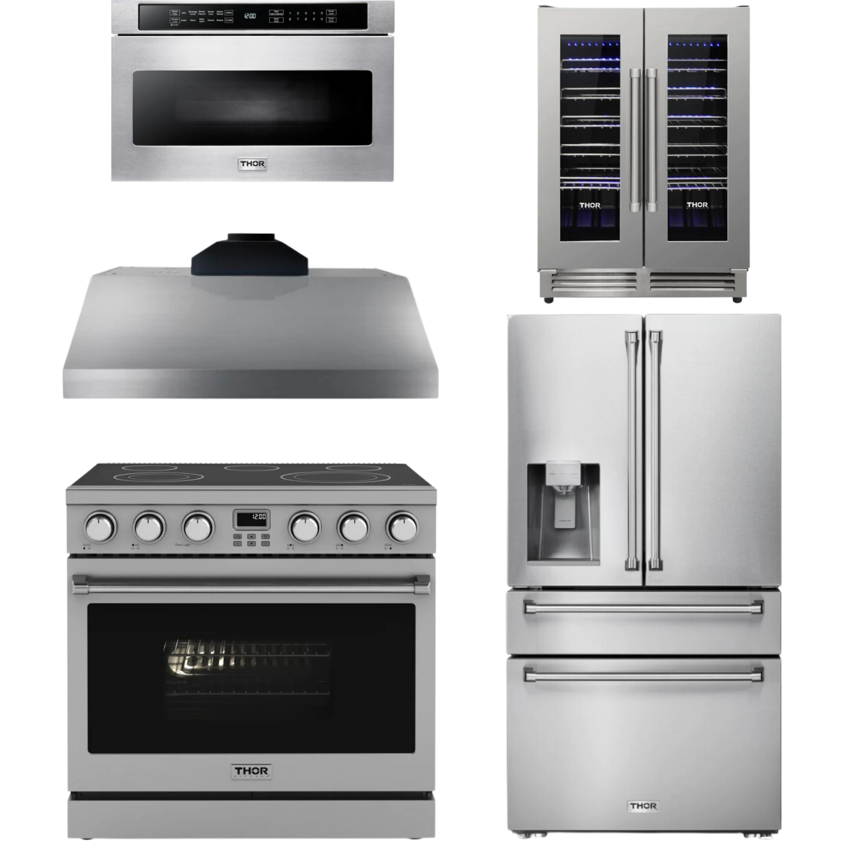 THOR Contemporary Package - 36" Electric Range, Range Hood, Refrigerator, Microwave and Wine Cooler, AP-ARE36-C121