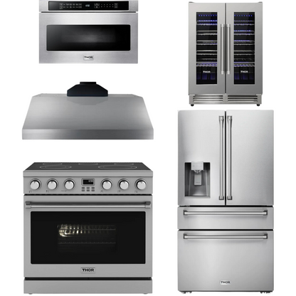 THOR Contemporary Package - 36" Electric Range, Range Hood, Refrigerator, Microwave and Wine Cooler, AP-ARE36-C121