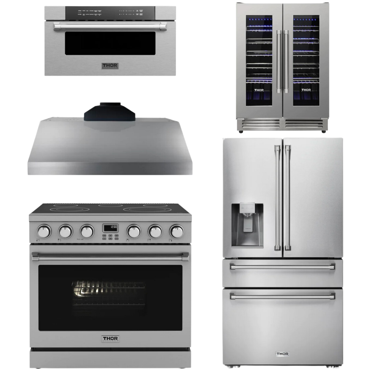 THOR Contemporary Package - 36" Electric Range, Range Hood, Refrigerator, Microwave and Wine Cooler, AP-ARE36-C122