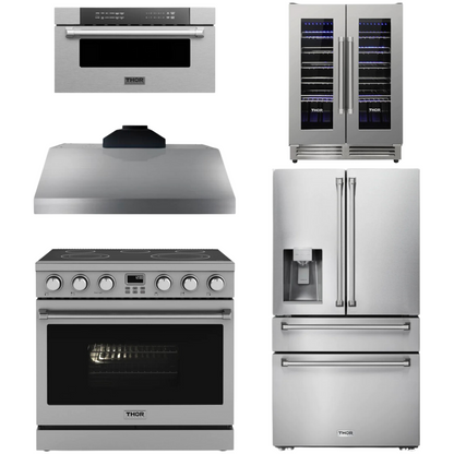 THOR Contemporary Package - 36" Electric Range, Range Hood, Refrigerator, Microwave and Wine Cooler, AP-ARE36-C122