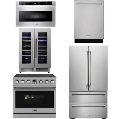 THOR Contemporary Package - 36" Electric Range, Refrigerator, Dishwasher, Microwave and Wine Cooler, AP-ARE36-C125
