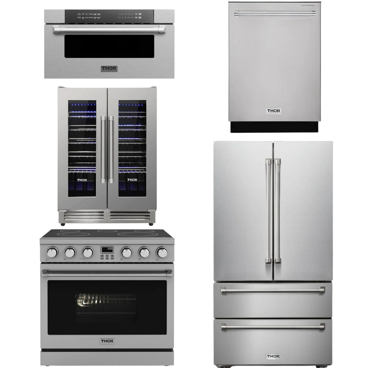 THOR Contemporary Package - 36" Electric Range, Refrigerator, Dishwasher, Microwave and Wine Cooler, AP-ARE36-C126