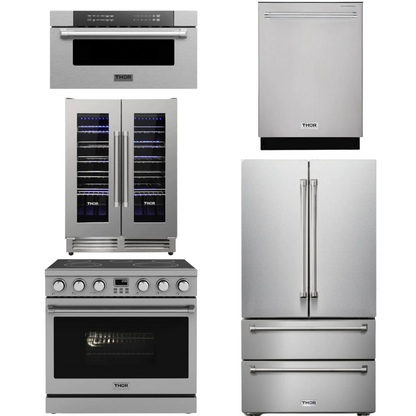 THOR Contemporary Package - 36" Electric Range, Refrigerator, Dishwasher, Microwave and Wine Cooler, AP-ARE36-C126