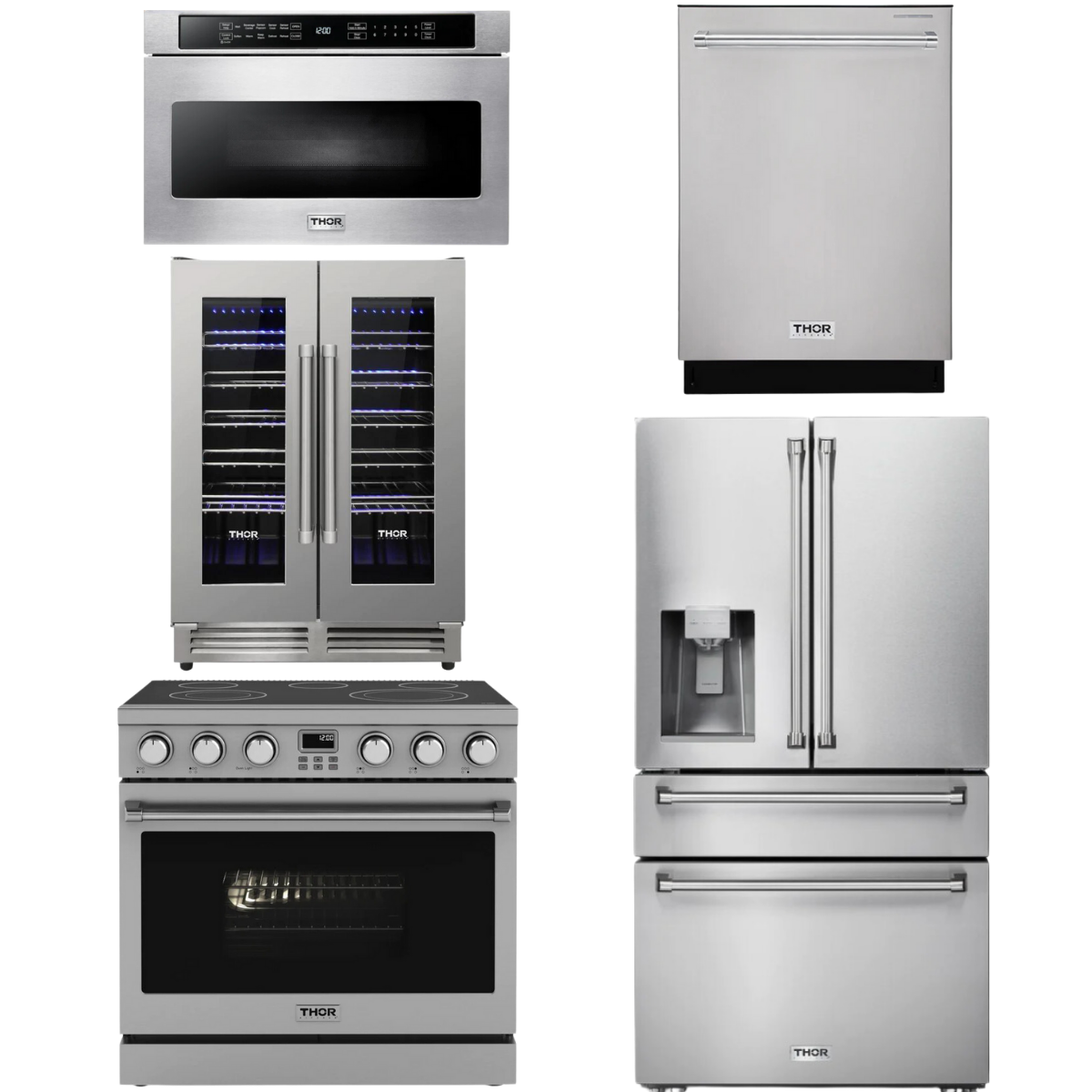 THOR Contemporary Package - 36" Electric Range, Refrigerator, Dishwasher, Microwave and Wine Cooler, AP-ARE36-C129