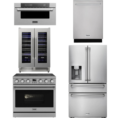 THOR Contemporary Package - 36" Electric Range, Refrigerator, Dishwasher, Microwave and Wine Cooler, AP-ARE36-C130