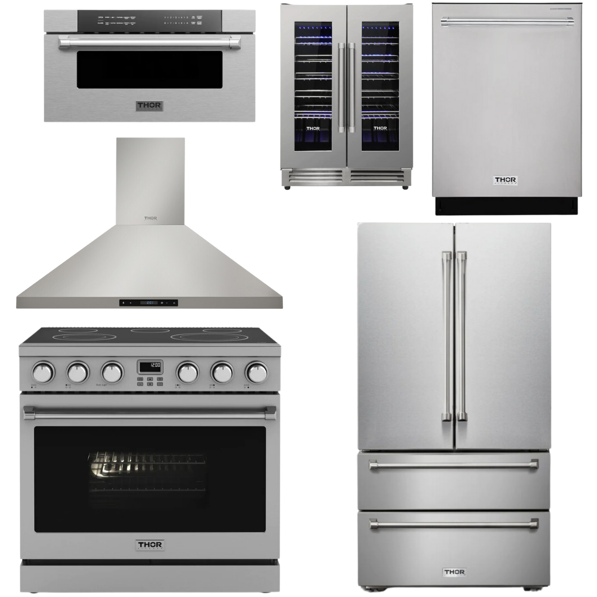 THOR Contemporary Package - 36" Electric Range, Range Hood, Refrigerator, Dishwasher, Microwave and Wine Cooler, AP-ARE36-C134
