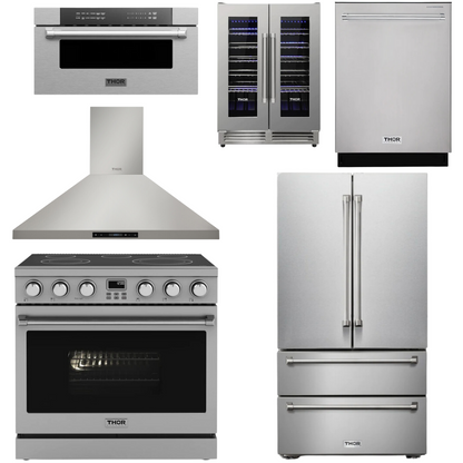 THOR Contemporary Package - 36" Electric Range, Range Hood, Refrigerator, Dishwasher, Microwave and Wine Cooler, AP-ARE36-C134