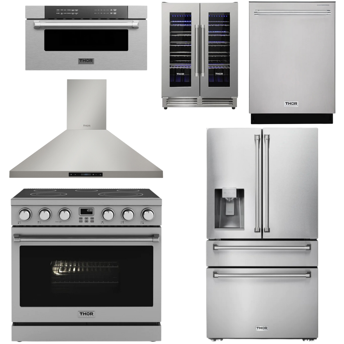 THOR Contemporary Package - 36" Electric Range, Range Hood, Refrigerator, Dishwasher, Microwave and Wine Cooler, AP-ARE36-C138