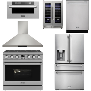 THOR Contemporary Package - 36" Electric Range, Range Hood, Refrigerator, Dishwasher, Microwave and Wine Cooler, AP-ARE36-C138