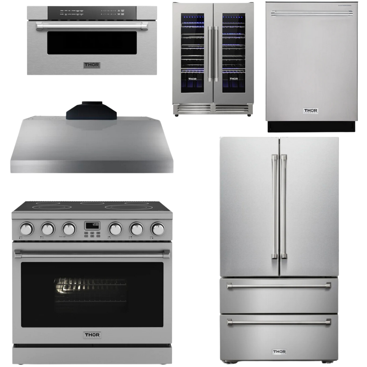 THOR Contemporary Package - 36" Electric Range, Range Hood, Refrigerator, Dishwasher, Microwave and Wine Cooler, AP-ARE36-C142