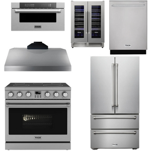 THOR Contemporary Package - 36" Electric Range, Range Hood, Refrigerator, Dishwasher, Microwave and Wine Cooler, AP-ARE36-C142