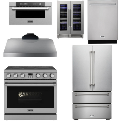 THOR Contemporary Package - 36" Electric Range, Range Hood, Refrigerator, Dishwasher, Microwave and Wine Cooler, AP-ARE36-C142