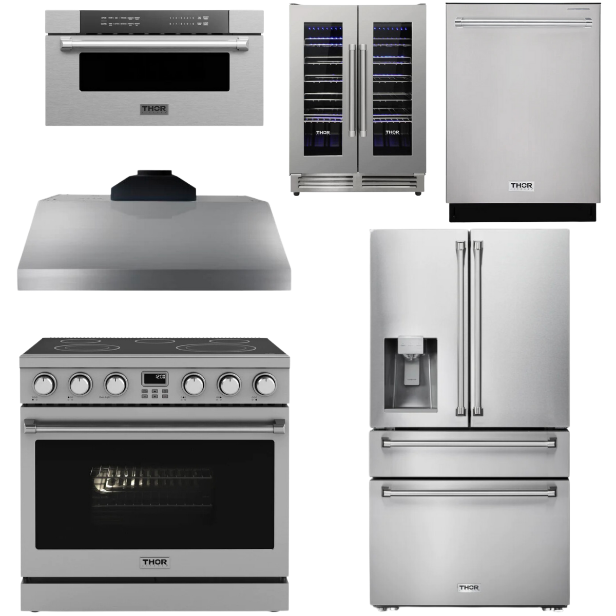 THOR Contemporary Package - 36" Electric Range, Range Hood, Refrigerator, Dishwasher, Microwave and Wine Cooler, AP-ARE36-C146