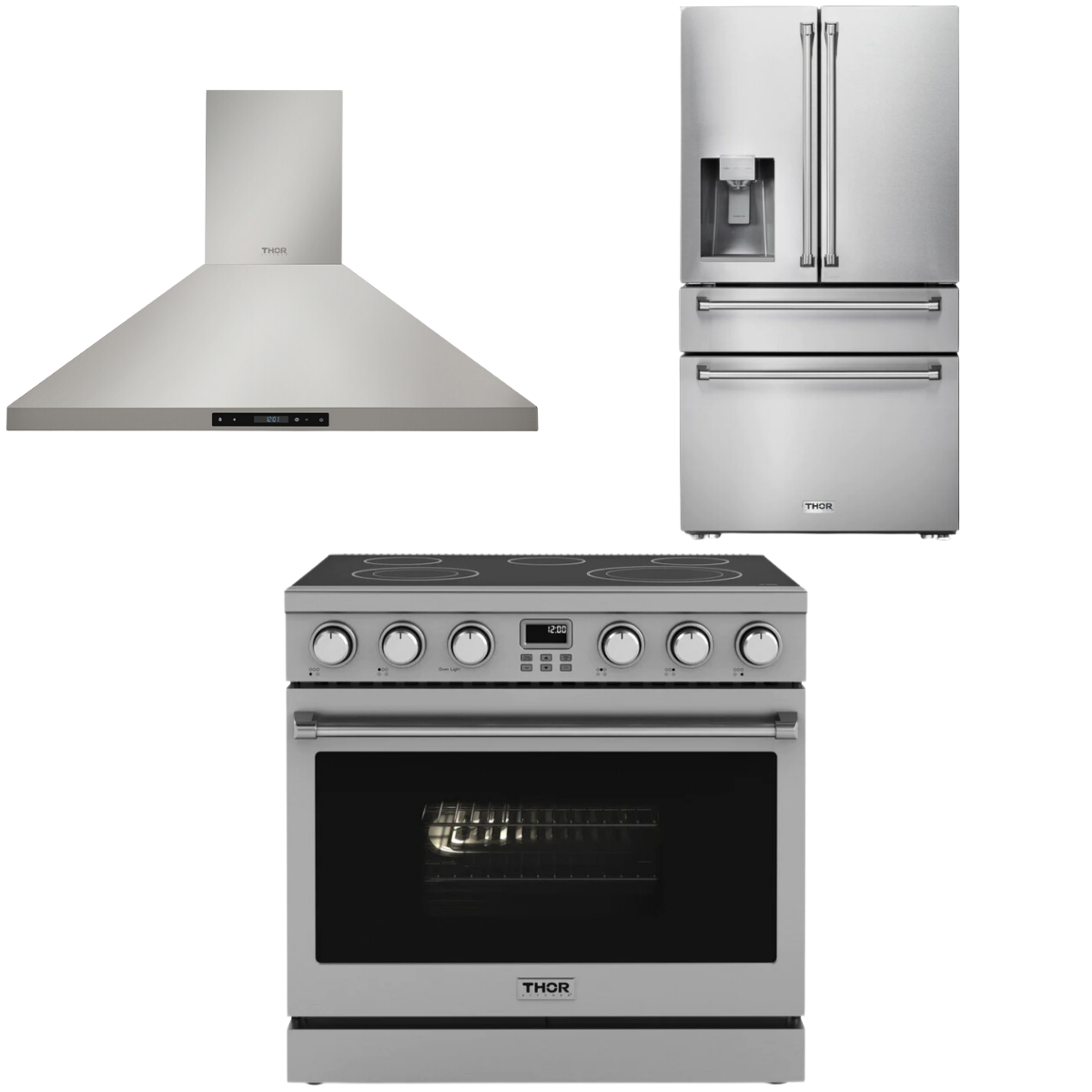 THOR Contemporary Package - 36" Electric Range, Range Hood and Refrigerator, AP-ARE36-C15