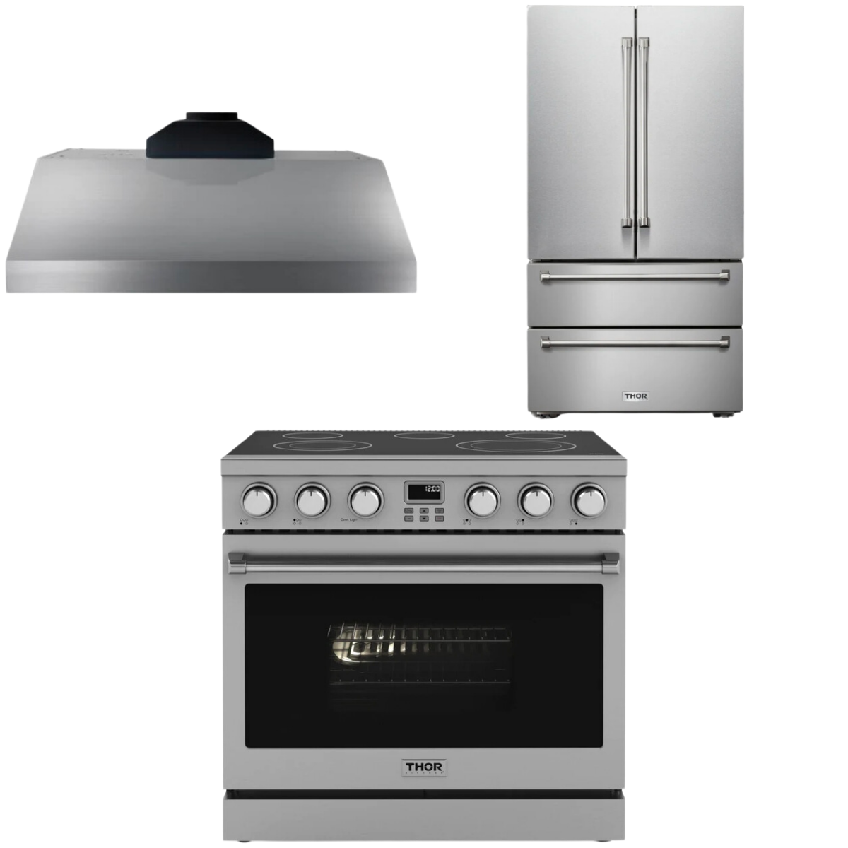 THOR Contemporary Package - 36" Electric Range, Range Hood and Refrigerator, AP-ARE36-C16
