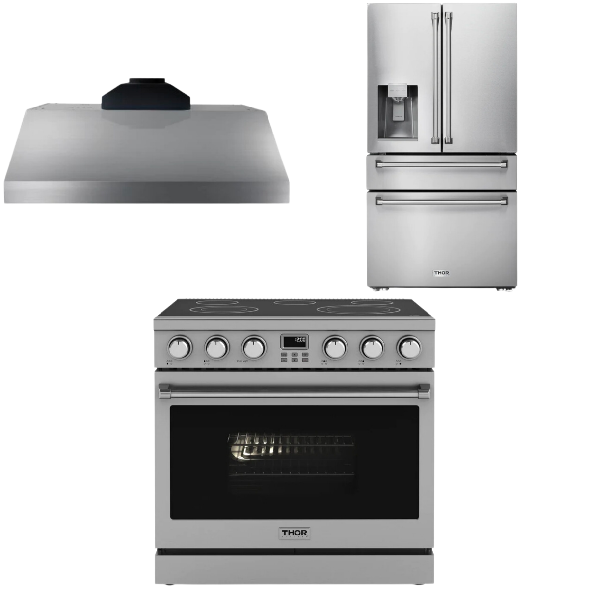 THOR Contemporary Package - 36" Electric Range, Range Hood and Refrigerator, AP-ARE36-C17