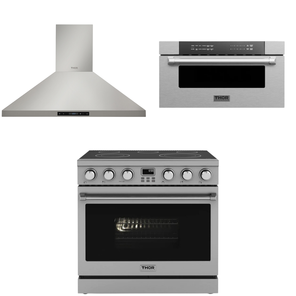THOR Contemporary Package - 36" Electric Range, Range Hood and Microwave, AP-ARE36-C19