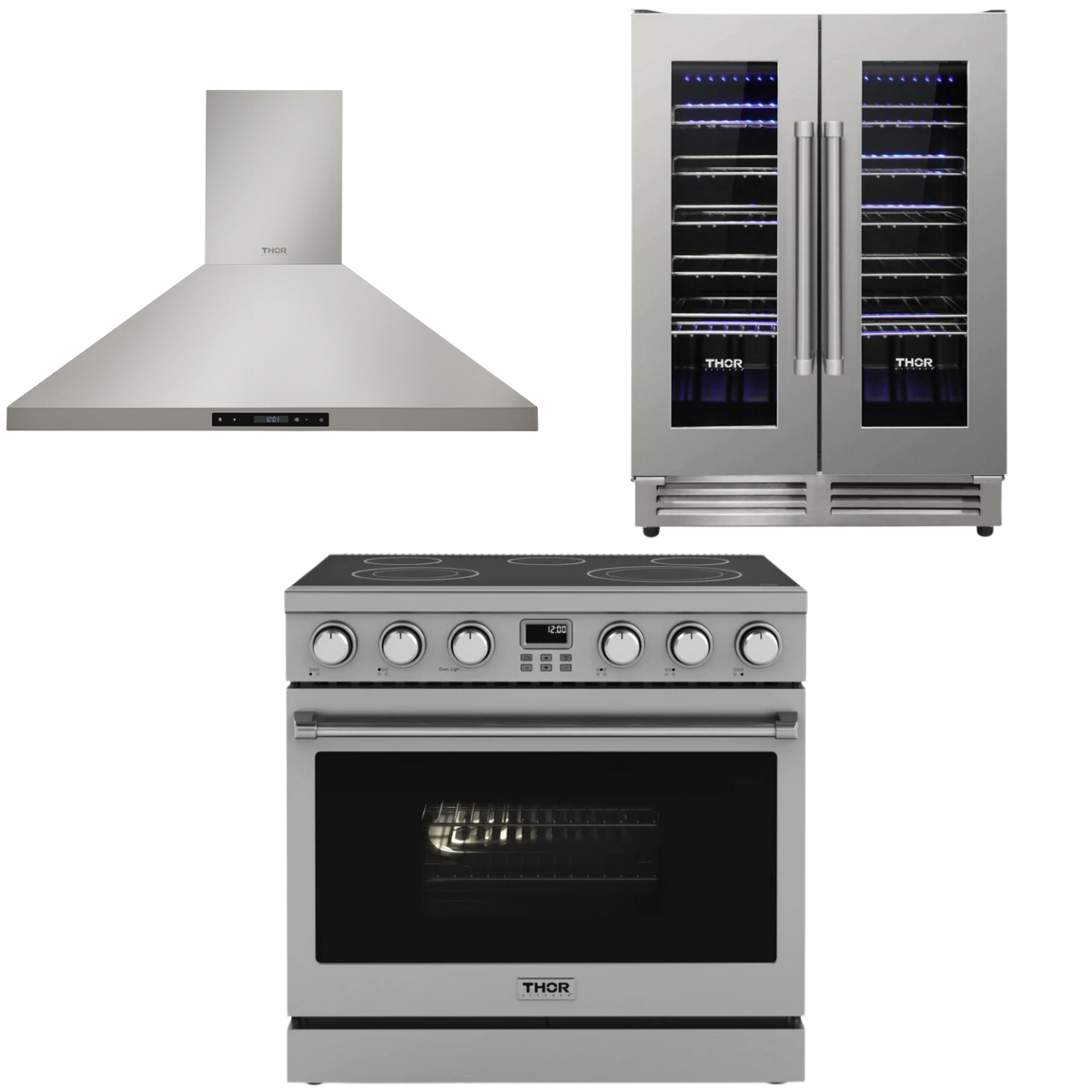 THOR Contemporary Package - 36" Electric Range, Range Hood and Wine Cooler, AP-ARE36-C22