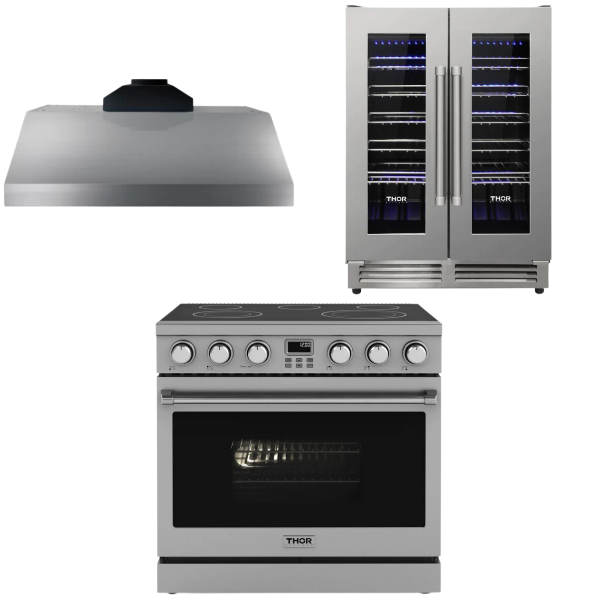 THOR Contemporary Package - 36" Electric Range, Range Hood and Wine Cooler, AP-ARE36-C23