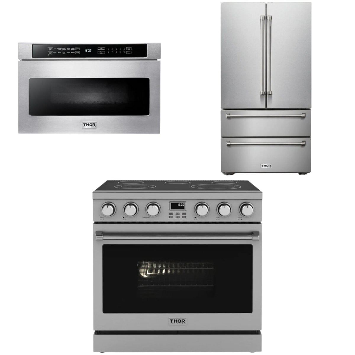 THOR Contemporary Package - 36" Electric Range, Refrigerator and Microwave, AP-ARE36-C34