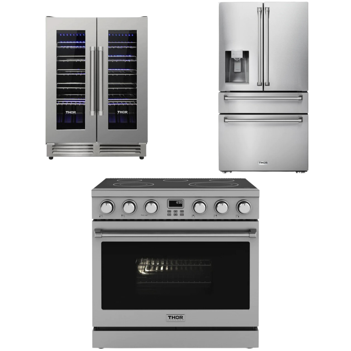 THOR Contemporary Package - 36" Electric Range, Refrigerator and Wine Cooler, AP-ARE36-C39