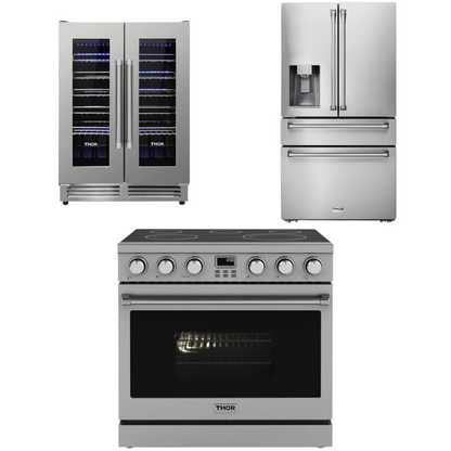 THOR Contemporary Package - 36" Electric Range, Refrigerator and Wine Cooler, AP-ARE36-C39