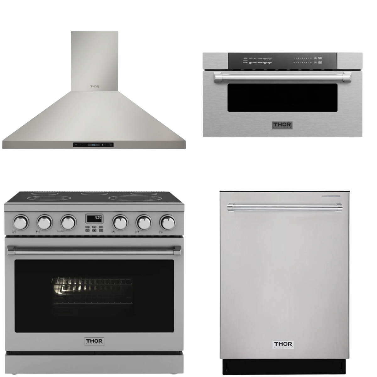THOR Contemporary Package - 36" Electric Range, Range Hood, Dishwasher and Microwave, AP-ARE36-C51