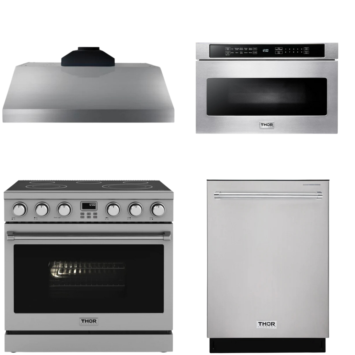 THOR Contemporary Package - 36" Electric Range, Range Hood, Dishwasher and Microwave, AP-ARE36-C54