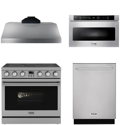 THOR Contemporary Package - 36" Electric Range, Range Hood, Dishwasher and Microwave, AP-ARE36-C54