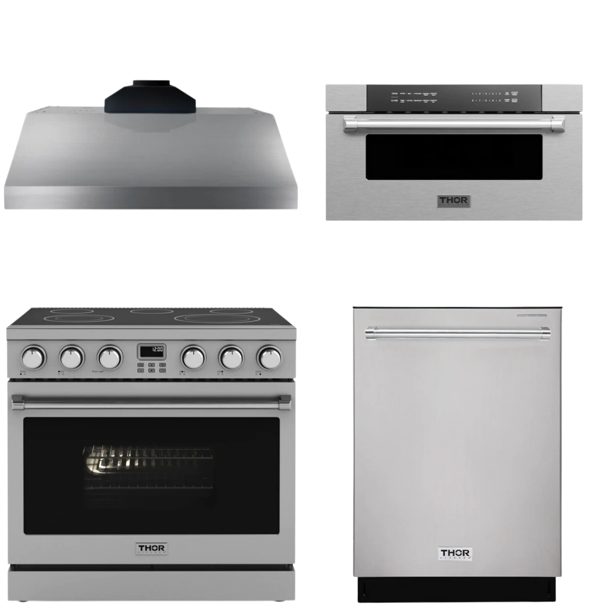 THOR Contemporary Package - 36" Electric Range, Range Hood, Dishwasher and Microwave, AP-ARE36-C55