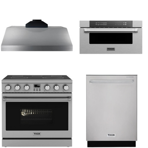 THOR Contemporary Package - 36" Electric Range, Range Hood, Dishwasher and Microwave, AP-ARE36-C55