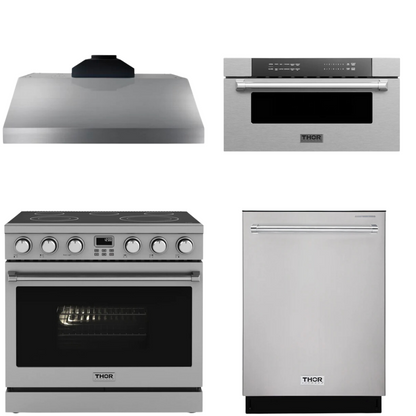 THOR Contemporary Package - 36" Electric Range, Range Hood, Dishwasher and Microwave, AP-ARE36-C55