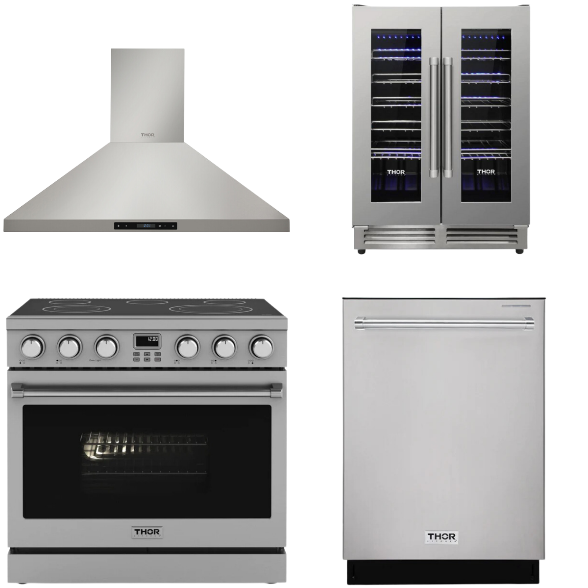 THOR Contemporary Package - 36" Electric Range, Range Hood, Dishwasher and Wine Cooler, AP-ARE36-C57
