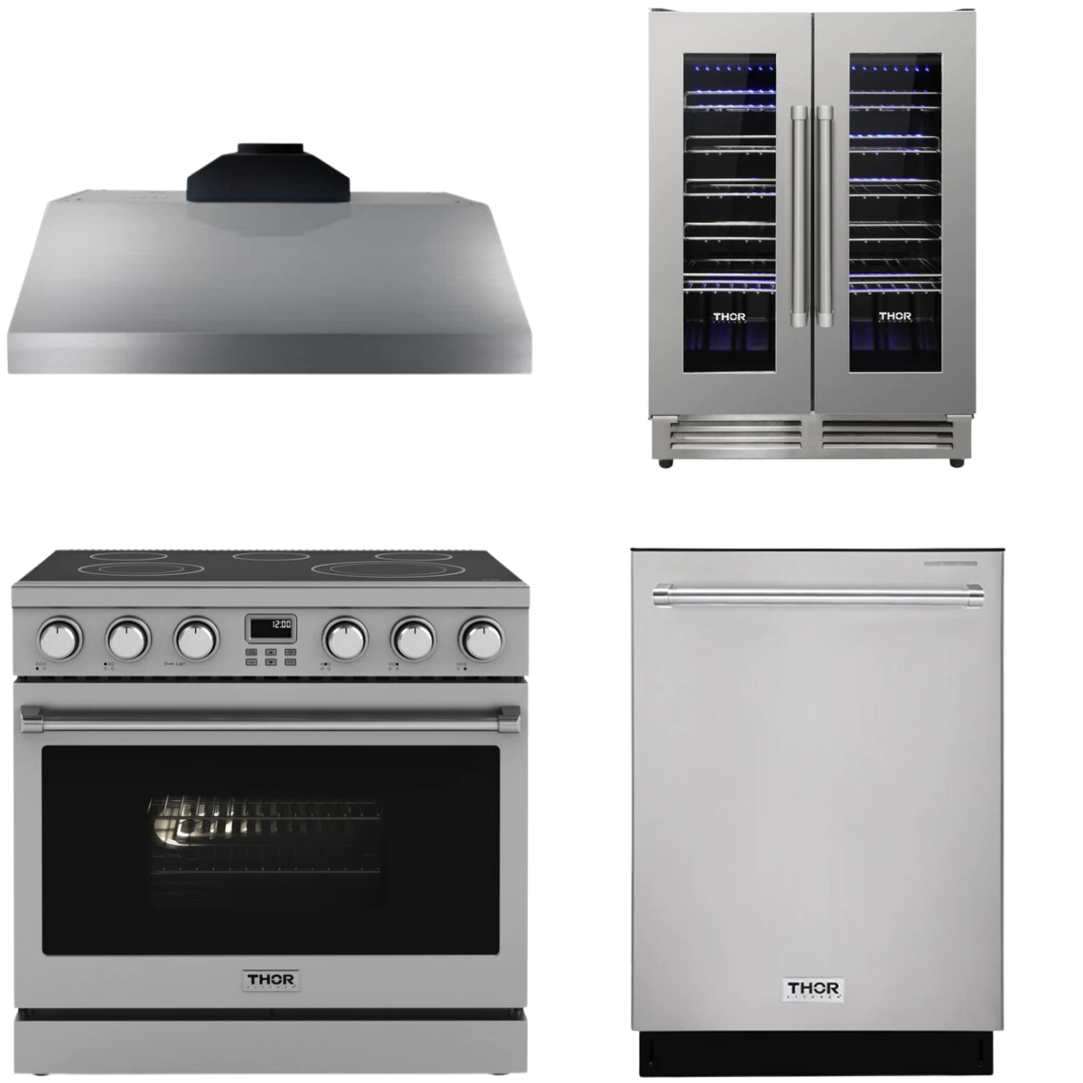 THOR Contemporary Package - 36" Electric Range, Range Hood, Dishwasher and Wine Cooler, AP-ARE36-C59