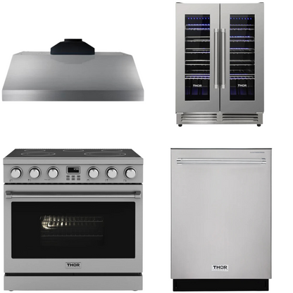 THOR Contemporary Package - 36" Electric Range, Range Hood, Dishwasher and Wine Cooler, AP-ARE36-C59