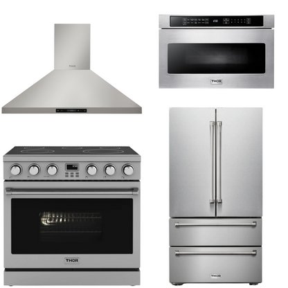THOR Contemporary Package - 36" Electric Range, Range Hood, Refrigerator and Microwave, AP-ARE36-C60