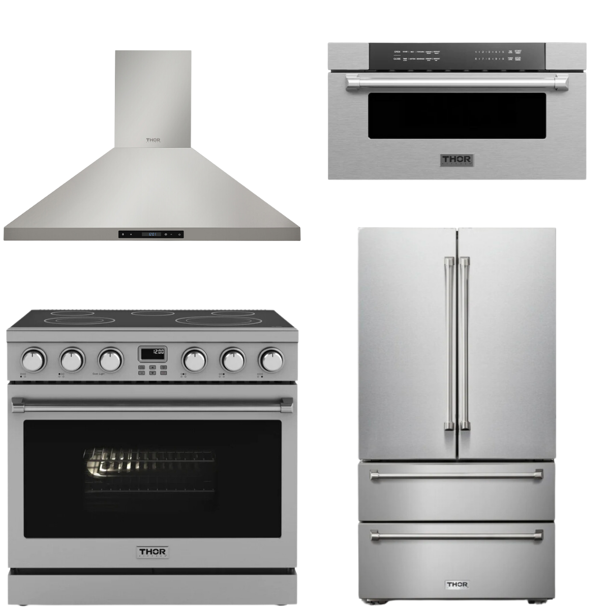 THOR Contemporary Package - 36" Electric Range, Range Hood, Refrigerator and Microwave, AP-ARE36-C61
