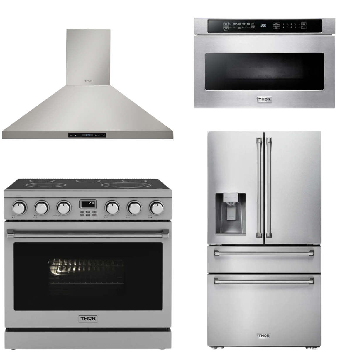 THOR Contemporary Package - 36" Electric Range, Range Hood, Refrigerator and Microwave, AP-ARE36-C62