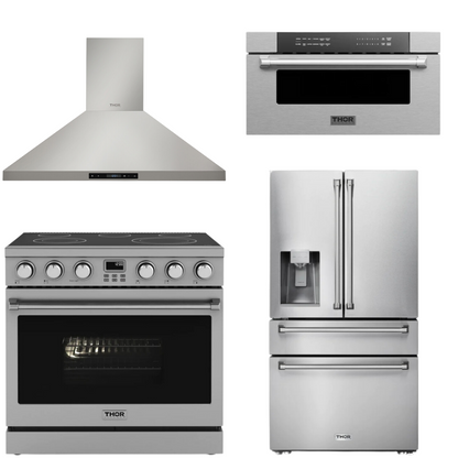 THOR Contemporary Package - 36" Electric Range, Range Hood, Refrigerator and Microwave, AP-ARE36-C63