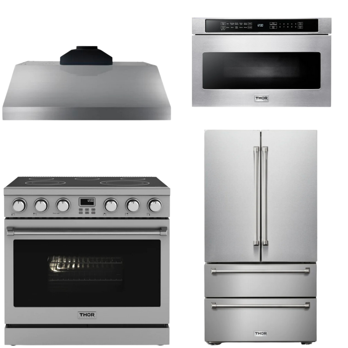 THOR Contemporary Package - 36" Electric Range, Range Hood, Refrigerator and Microwave, AP-ARE36-C64